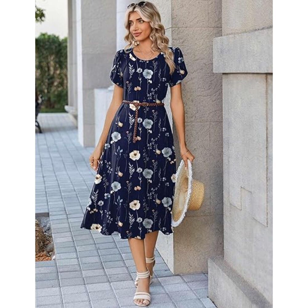 WomenNavy Floral Blend Crew-Neck A-Line Short Sleeve Flowy Dress Boho Sundress - Picture 4 of 6